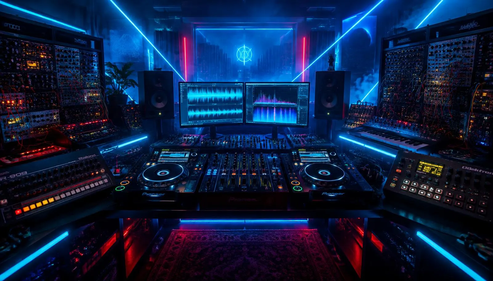 Studio RSA con sintetizzatori analogici, console CDJ-RSA e mixer